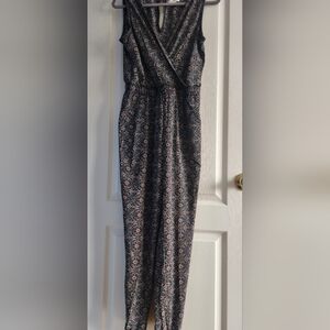 Max Studio Navy Floral Wrap Jumpsuit with Coral Accents